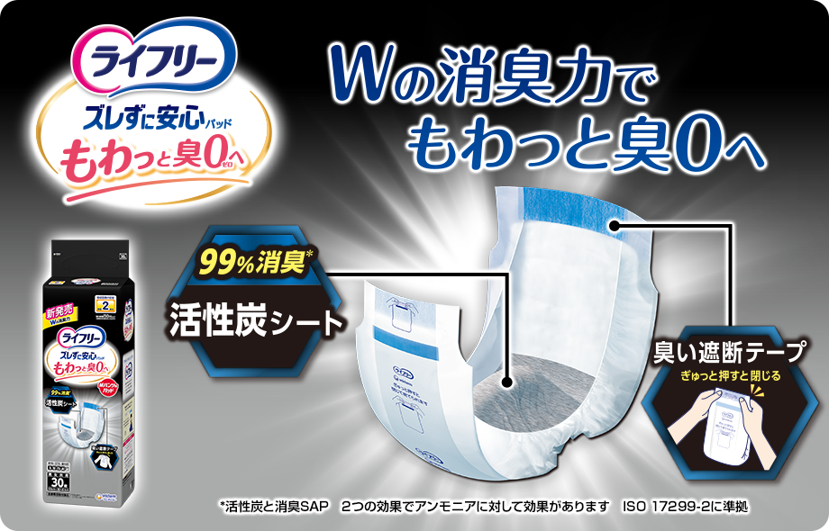 ライフリー ズレずに安心パッド もわっと臭0（ゼロ）へ Wの消臭力でもわっと臭0へ 99%消臭* 活性炭シート 臭い遮断テープ ぎゅっと押すと閉じる *活性炭と消臭SAP 2つの効果でアンモニアに対して効果があります ISO 17299-2に準拠