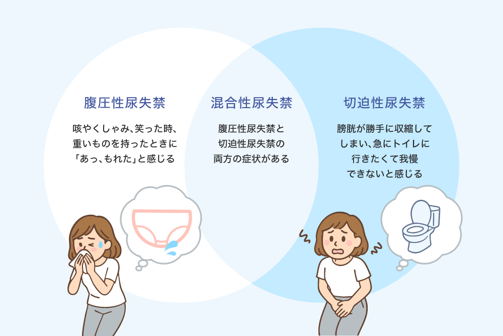 腹圧性尿失禁 咳やくしゃみ、笑った時、重いものを持ったときに「あっ、もれた」と感じる 混合性尿失禁 腹圧性尿失禁と切迫性尿失禁の両方の症状がある 切迫性尿失禁 膀胱が勝手に収縮してしまい、急にトイレに行きたくて我慢できないと感じる