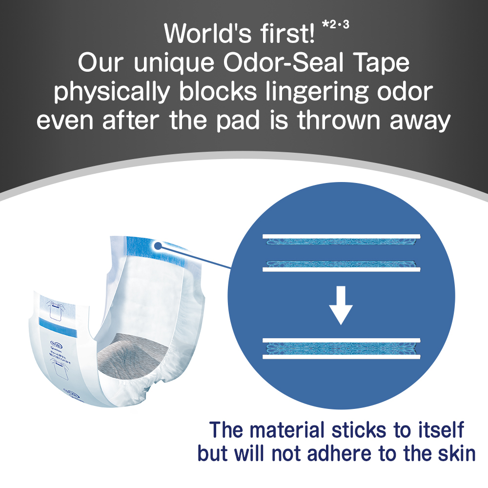 World's first! *2.3 Our unique Odor-Seal Tape physically blocks lingering odor even after the pad is thrown away The material sticks to itself but will not adhere to the skin