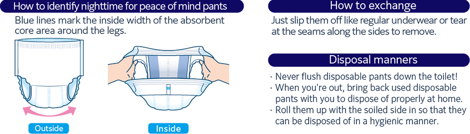 How to identify nighttime for peace of mind pants Blue lines mark the inside width of the absorbent core area around the legs. Outside Inside How to exchange Just slip them off like regular underwear or tear at the seams along the sides to remove. Disposal manners Never flush disposable pants down the toilet! When you're out, bring back used disposable pants with you to dispose of properly at home. Roll them up with the soiled side in so that they can be disposed of in a hygienic manner.