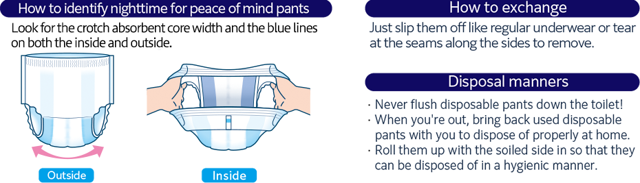 How to identify nighttime for peace of mind pants Look for the crotch absorbent core width and the blue lines on both the inside and outside. Outside Inside How to exchange Just slip them off like regular underwear or tear at the seams along the sides to remove. Disposal manners Never flush disposable pants down the toilet! When you're out, bring back used disposable pants with you to dispose of properly at home. Roll them up with the soiled side in so that they can be disposed of in a hygienic manner.